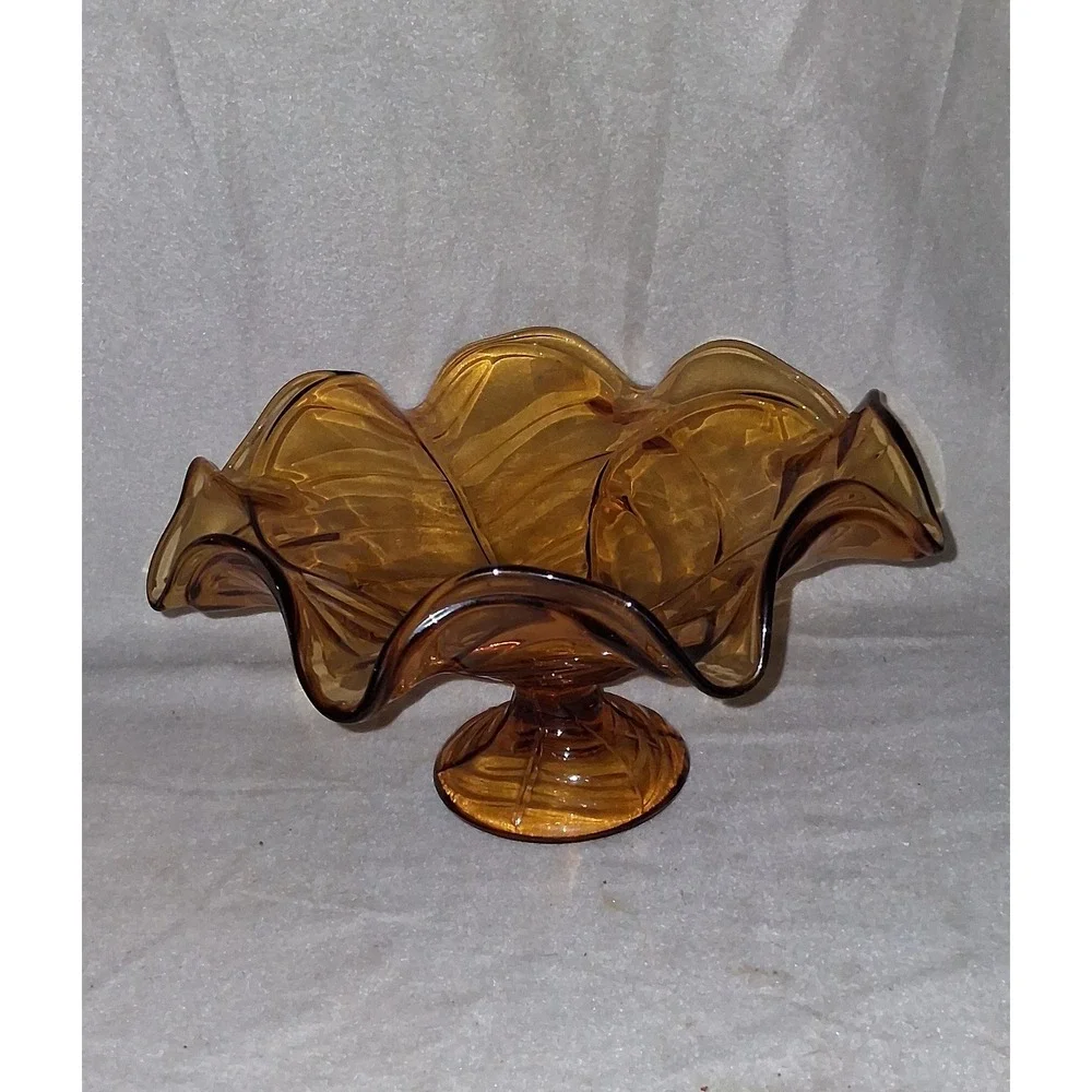 Viking Glass Amber Flower Petal Candy Dish Ruffled Pedestal Bowl Vintage‎ MCM